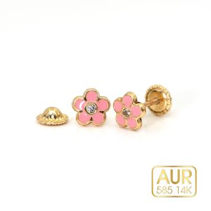 cercei-bebe-fete-aur-14K-floricica-roz1
